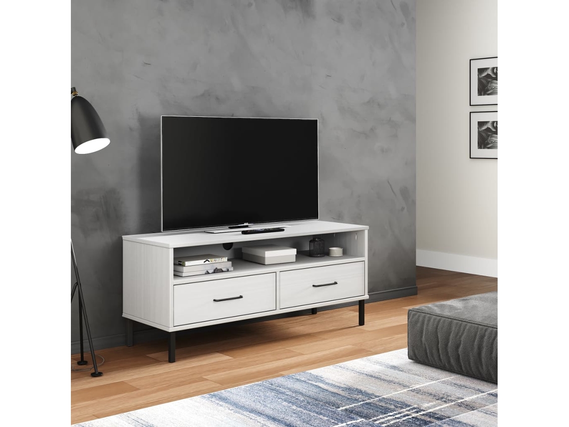 Mueble para TV | Mueble para TV | Mueble para TV con patas metálicas, pino macizo, blanco Oslo