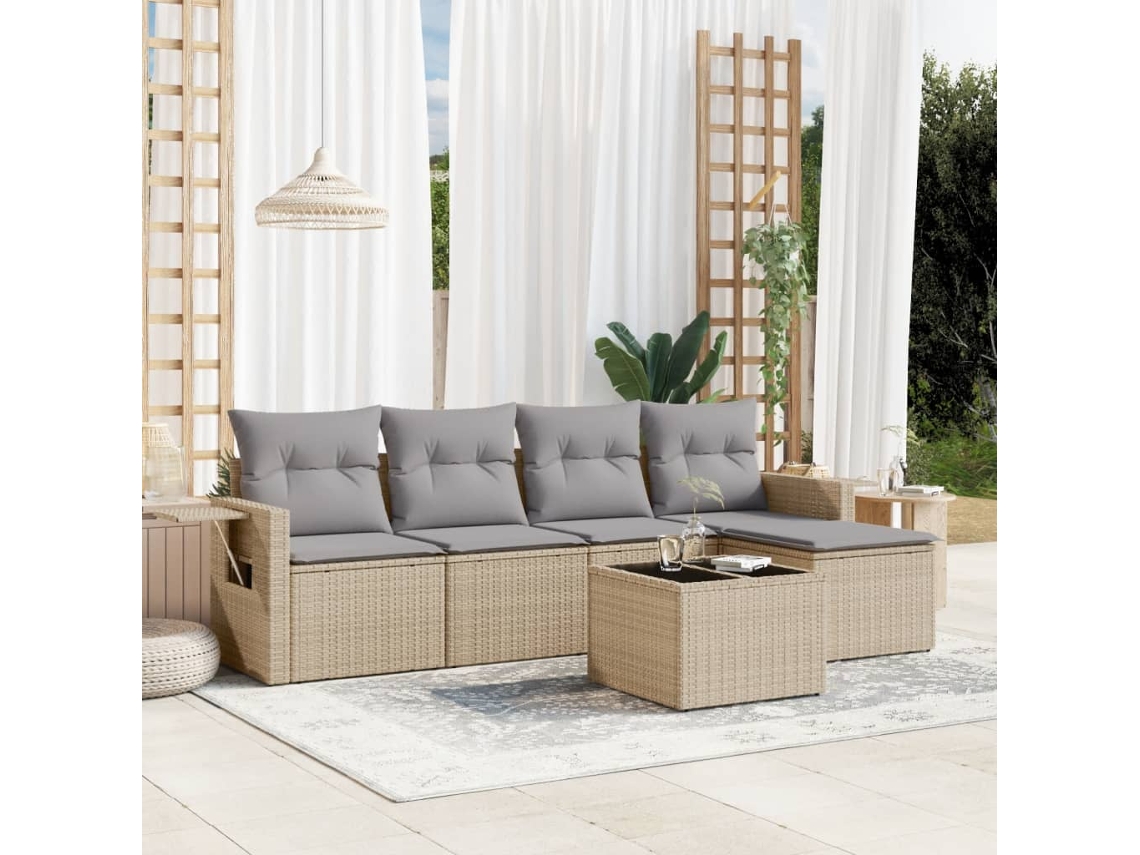 Conjunto de sofá de jardín de 6 piezas con cojines, mimbre sintético beige, Dkd Home Decor
