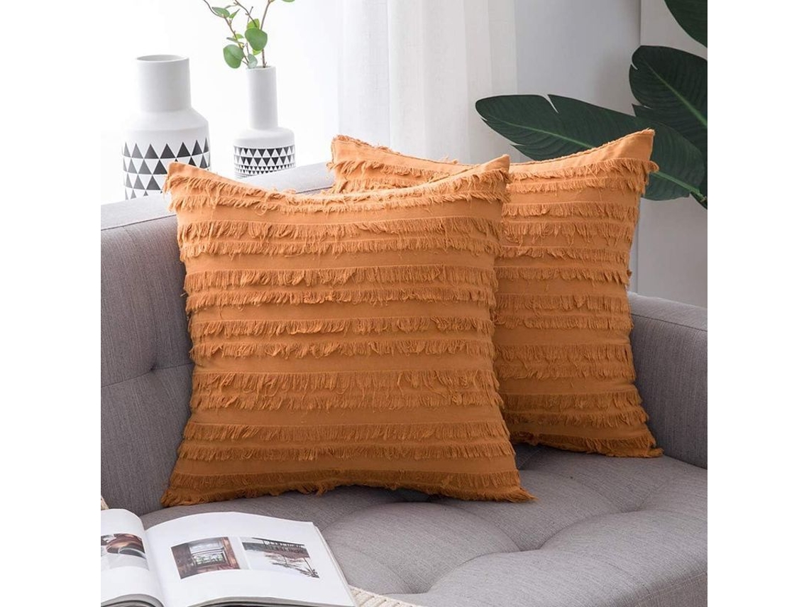 Rebe-2 Fundas De Almohada Decorativas De Otoño Boho Con Tiras Jacquard Lino Naranja 18x18 Pulgadas Para Sofá Sala Dormitorio