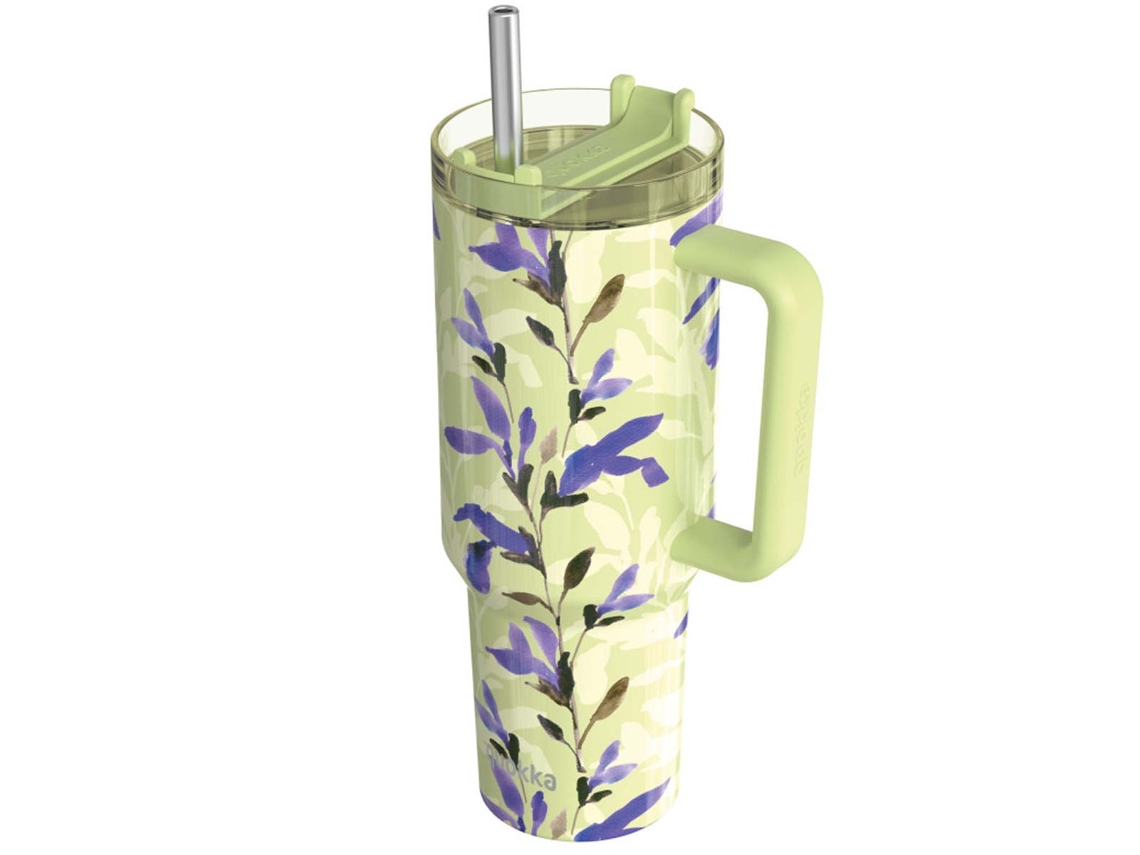 Taza térmica verde Quoka de 1200 ml con pajita y decoración floral de matcha
