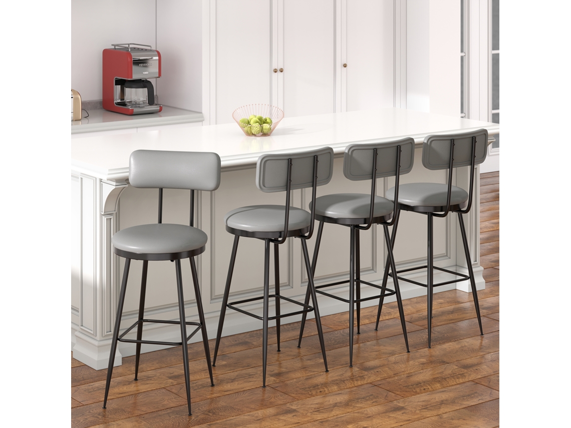 Juego de 4 taburetes altos de bar, asiento de piel sintética con respaldo, estilo moderno, patas de metal, para cocina y bar, color gris Rosahqnda