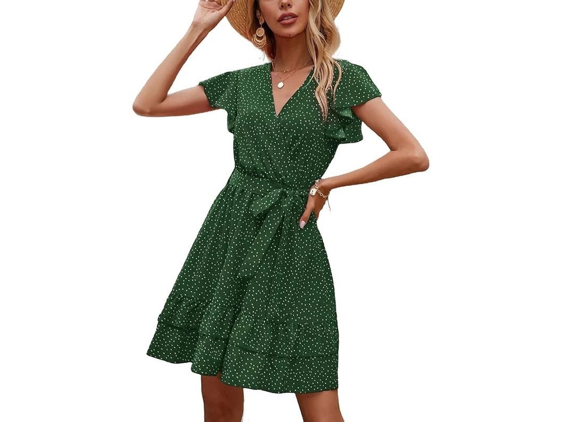 Vestido Corto Boho De Verano Con Puntos V-neck Manga Corta Xl Para Playa