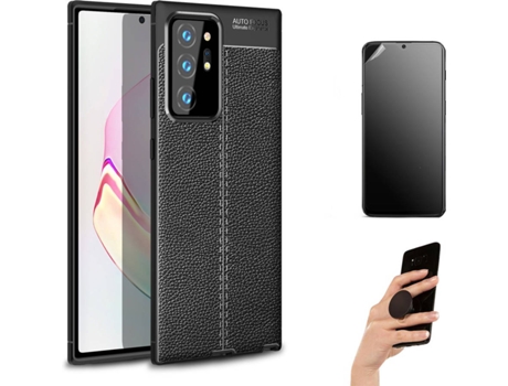 Kit Carcasa Y Protector Samsung Note 20 Ultra Ultimatte Rugged Leather Y Popsocket Negro