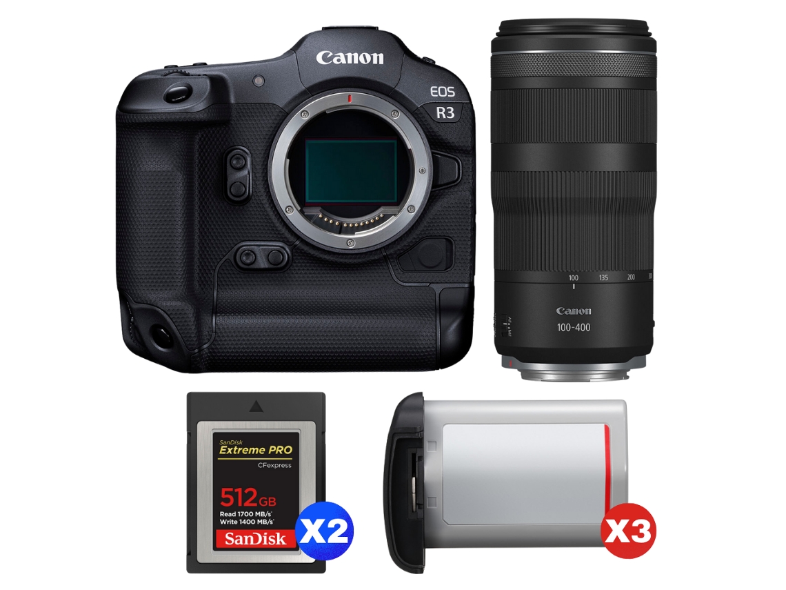 Canon Eos R3 + Rf 100-400mm F/5.6-8 Is Usm + 2 Sandisk 512gb Extreme Pro Cfexpress Type B + 3 Canon Lp-e19 + Ebook Pricedirect