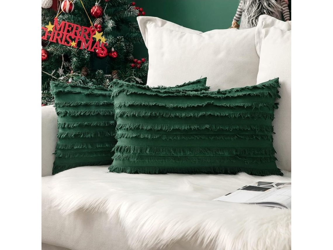 2026-2 Fundas De Almohada Decorativas Boho De Lino Estampado Jacquard Para Sofá Sala Dormitorio 12x20 Pulgadas Verde