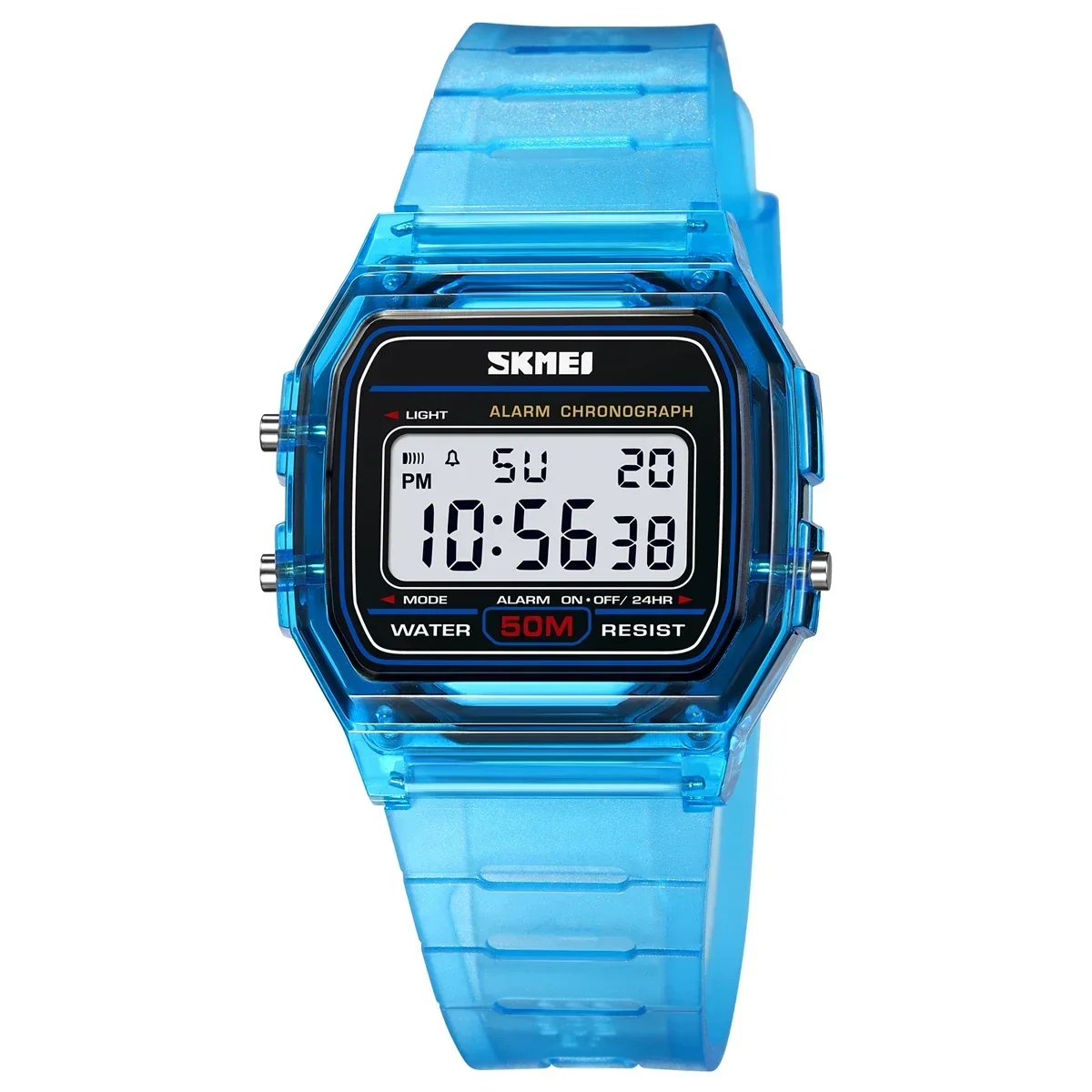 Reloj Digital Con Cronómetro Retroiluminado A Prueba De Golpes (azul) Con Correa De Tpu Transparente.
