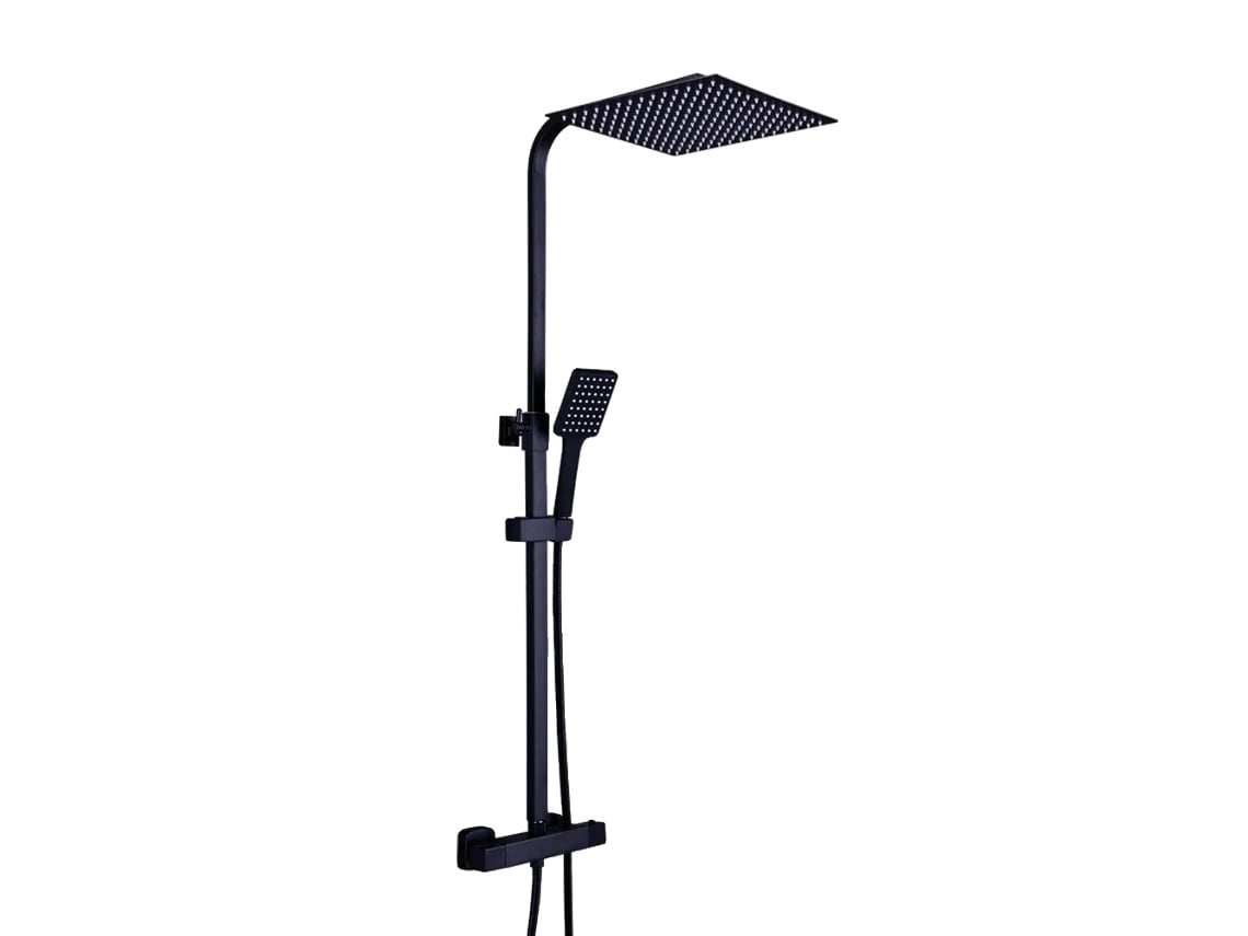 Sistema de ducha de baño, cabezal de lluvia de 30 x 30 cm, altura ajustable de 80 a 120 cm, color negro