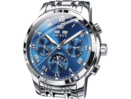 VEANXIN Reloj mecánico automático para hombre, de acero inoxidable, con fase lunar, resistente al agua, luminoso, con calendario(azul plateado)