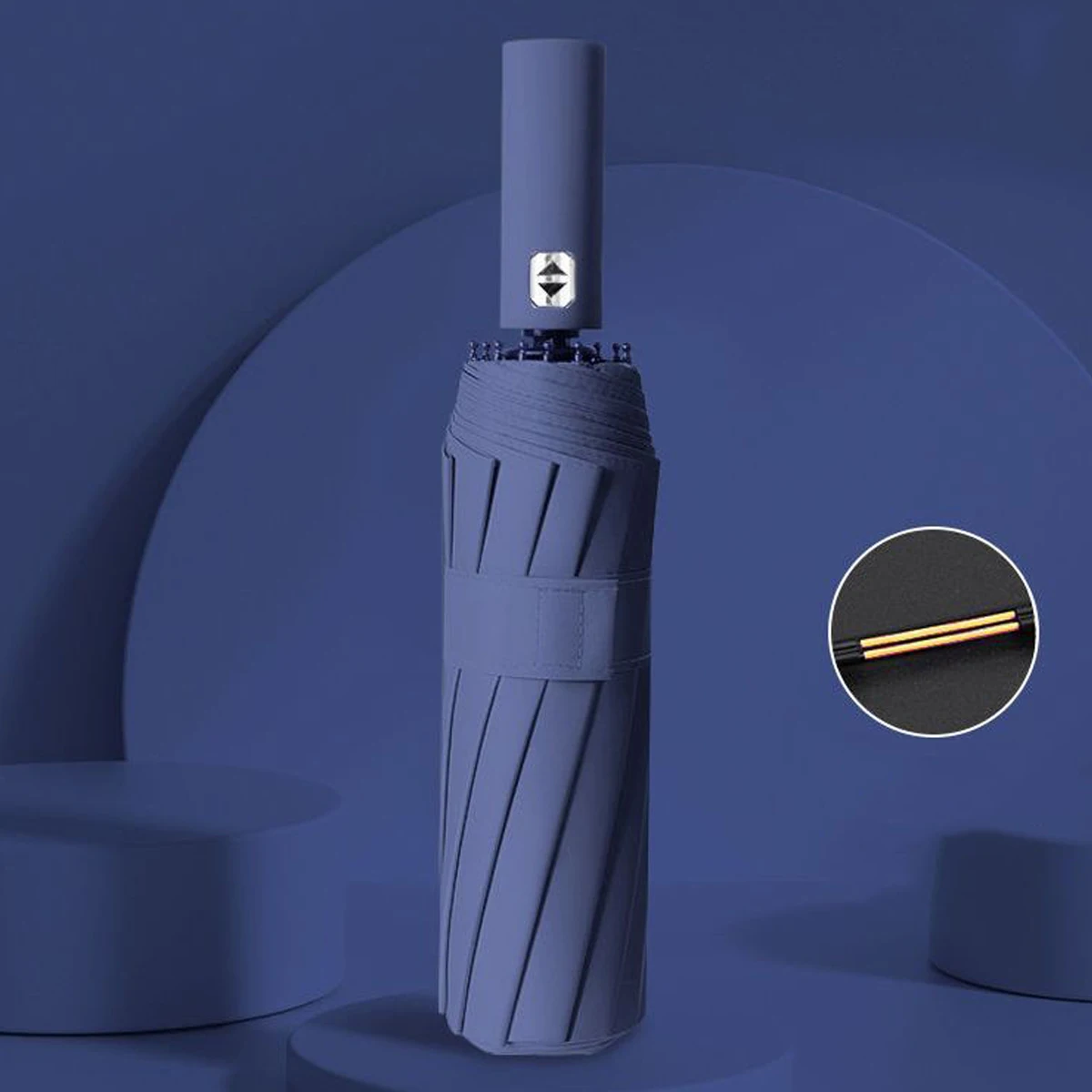 Paraguas Automático De Tres Secciones Con Protección Uv, De 12 Pulgadas, Con Nervaduras Negras Y Acabado Encolado (azul Marino).