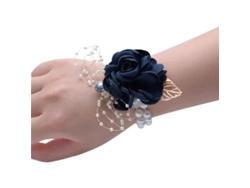 Ramillete De Muñeca Para Novia Y Damas De Honor Con Perlas De Imitación Y Flores Artificiales, Azul Oscuro.