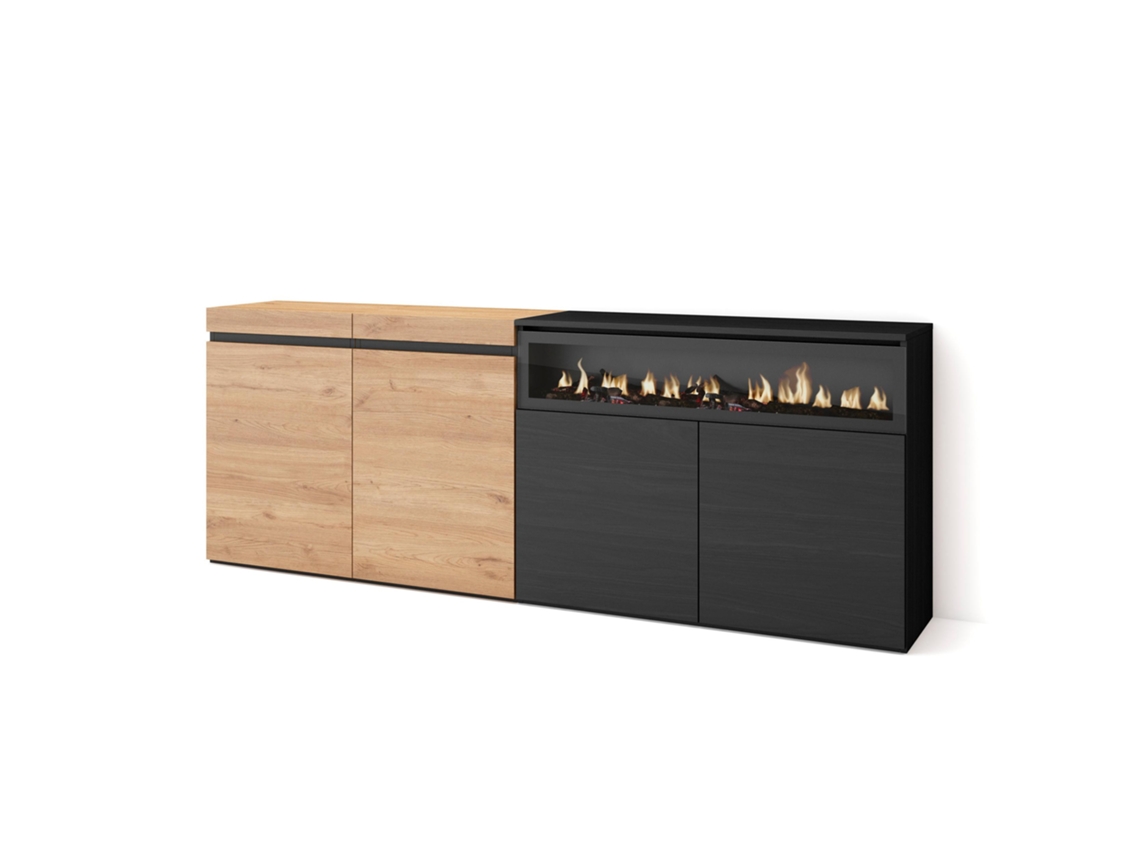 Aparadores para salón 200x75x35cm 4 Puertas Chimenea eléctrica Roble y negro