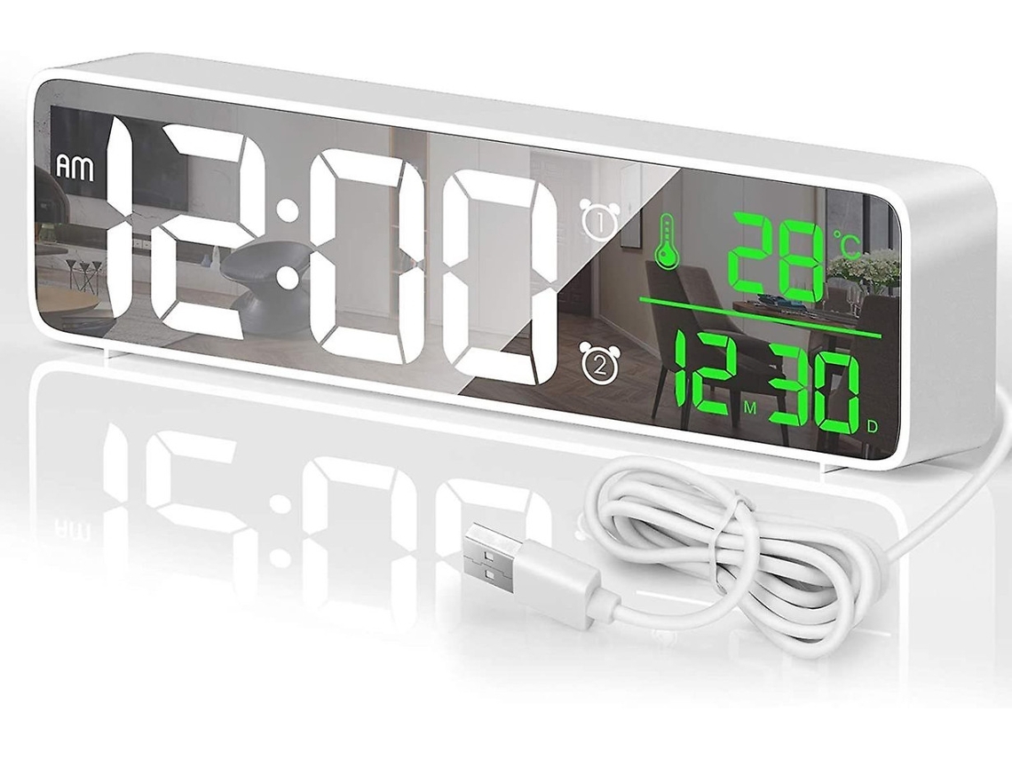 Reloj despertador digital LED digital con espejo y 40 sonidos, temperatura y fecha, reloj de pared LED con pantalla grande y brillo Lalamoli