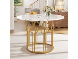 Mesa Redonda 100x100x76 Cm - Mesa De Comedor Con Patas Metálicas Y Tablero Mdf Marmoleado - Dorado