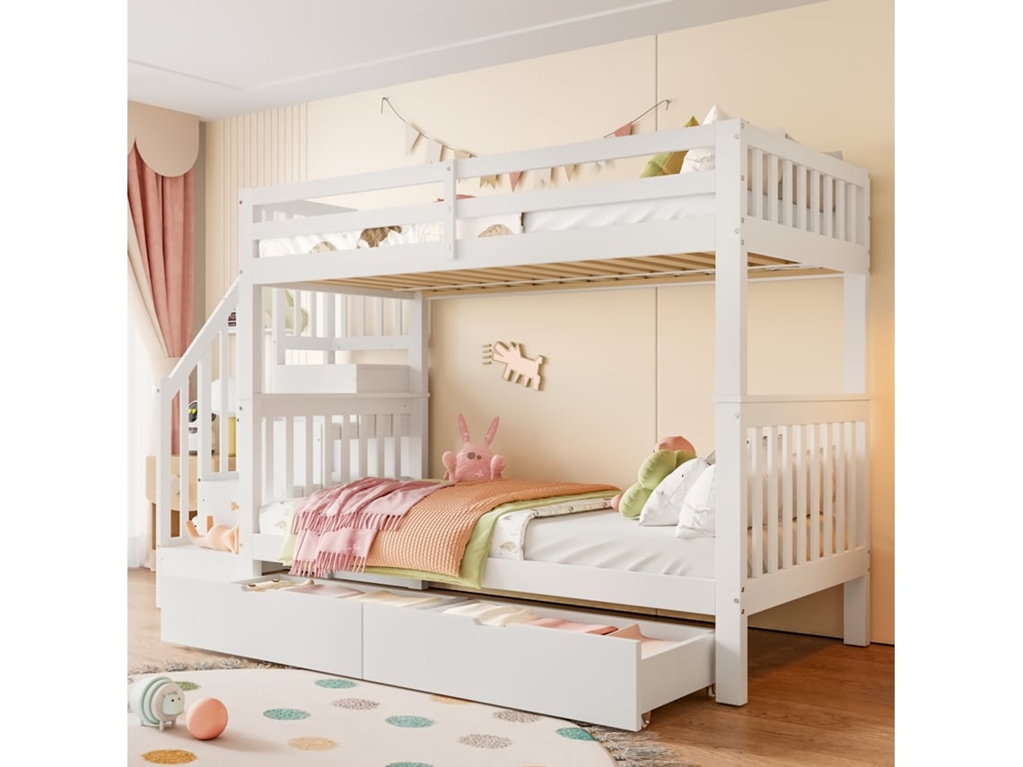 Litera Infantil De 90x200 Con Escalera, Estantes Y Cajones En747 Blanca