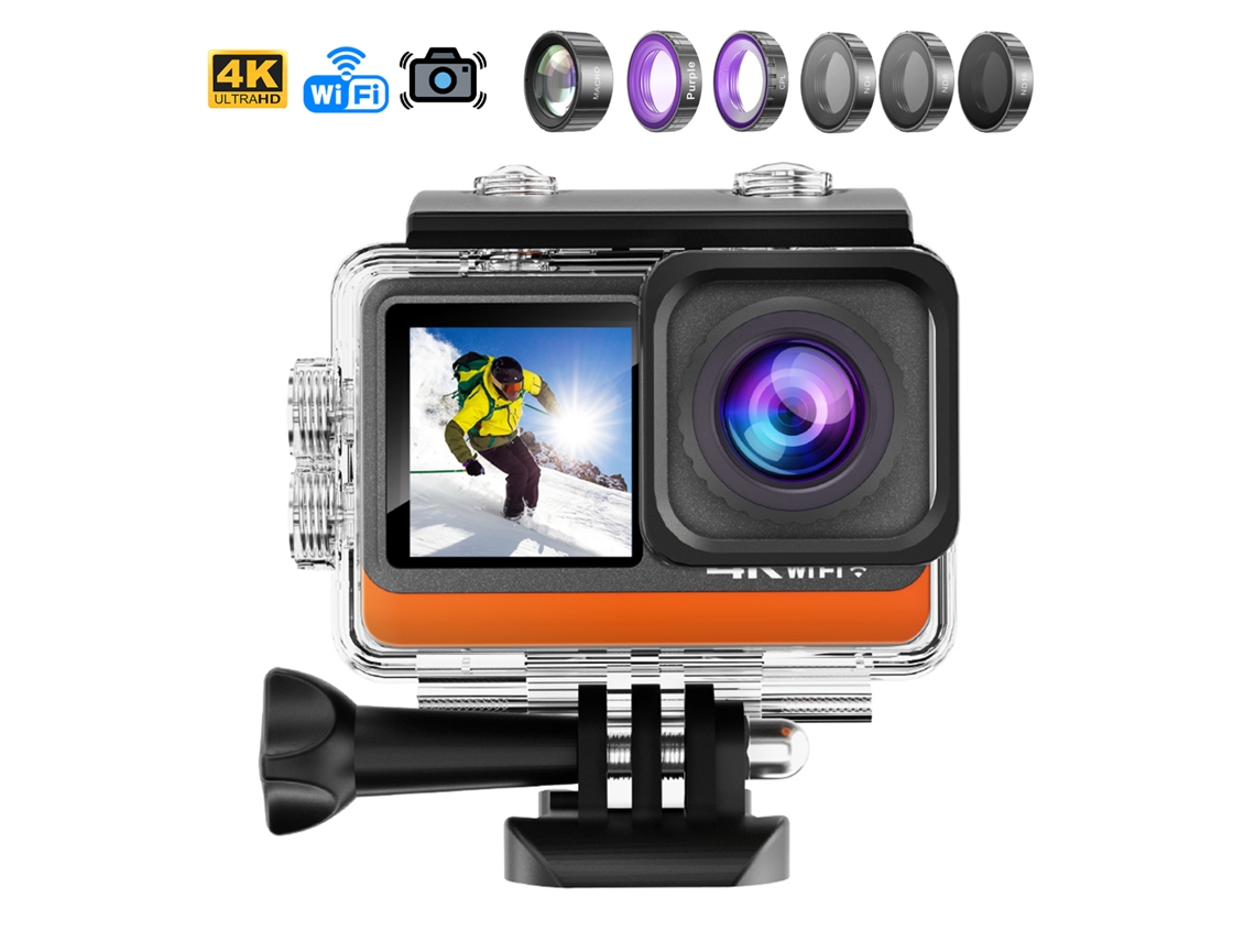 Cámara deportiva M80 Tr 4k 60fps con 29 MP, lentes duales de 2'' y 1.3'', estabilizador de imagen, multipropósito, 6 filtros y Wi-Fi.