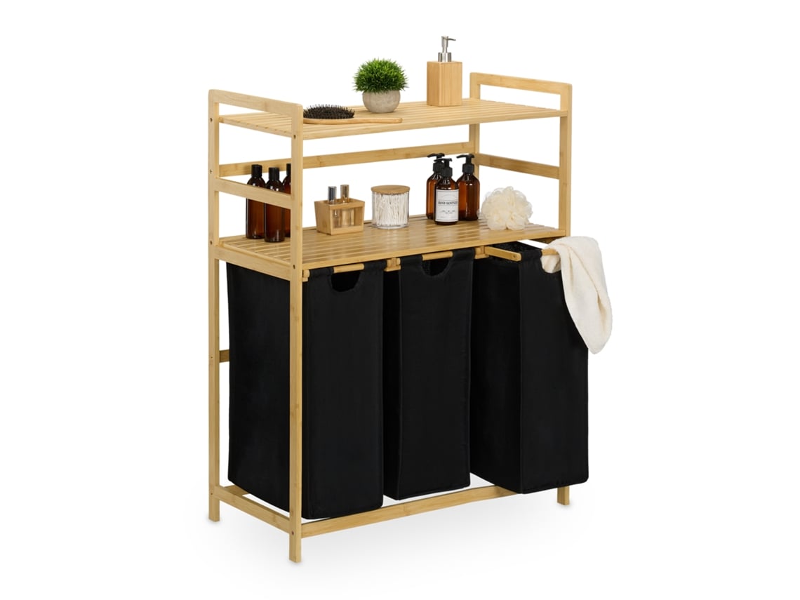 Relaxdays Estante Para Roupa Suja Com 2 Prateleiras, 3 Cestos, Hbt: 105 X 80 X 40 Cm, Natural/preto