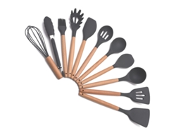 Juego de utensilios de cocina de silicona: espátula, utensilios de cocina con mango de madera.