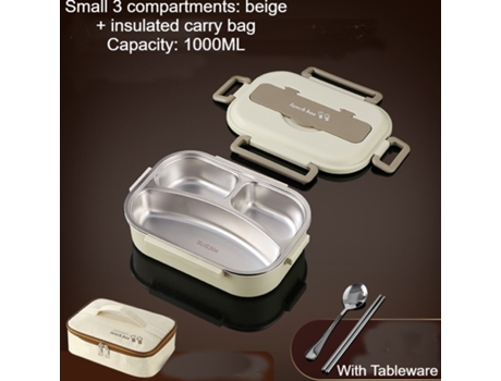 Fiambrera Bento Antigoteo para Adultos-Beige tres rejillas 1000ml (vajilla y bolsa calefactora)-1000ml LUUCOZK
