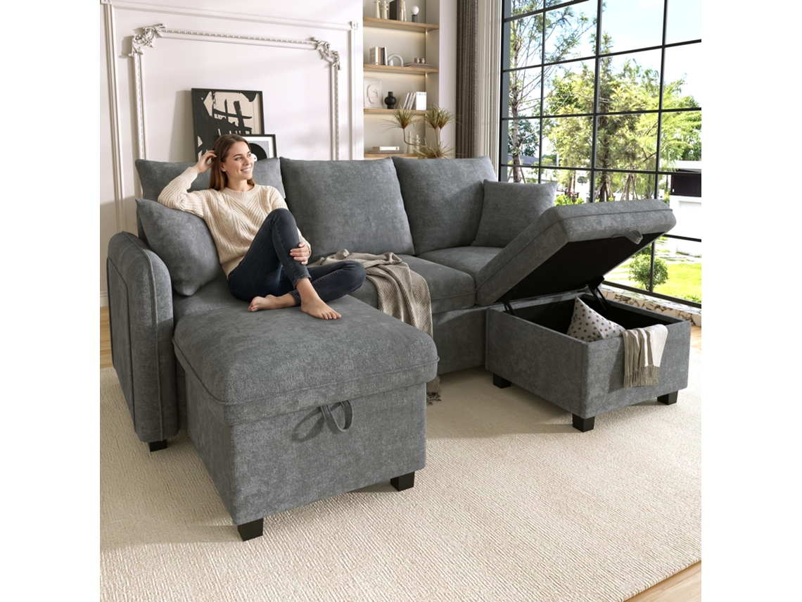 Sofá Esquinero 3 Plazas - Modular Con Almacenamiento, Chaise Longue Y Pouf - Dark Gray