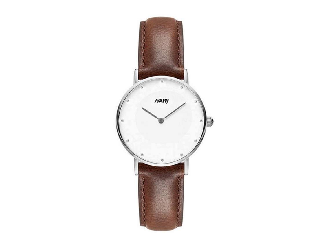 Reloj De Pareja Nary Correa De Cuero Pu Cuadro Plata Correa Marrón Mujer