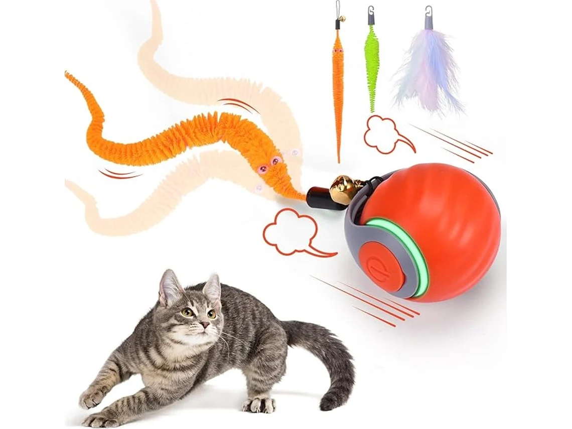 Pelota interactiva para gatos Siurn con 3 colas y 2 velocidades, color naranja