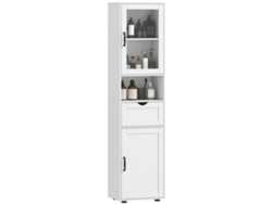 Columna De Baño Con Puerta De Cristal, Estantes Ajustables Y Cajón, Color Blanco.