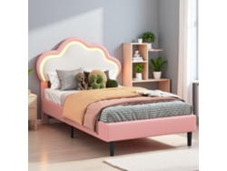 Cama Individual 90x200cm Con Led Rgb En Forma De Nube, Cama Infantil Princesa De Pu Acolchada, Cabecero Regulable Moderna Para Niña Y Soltero, Rosa