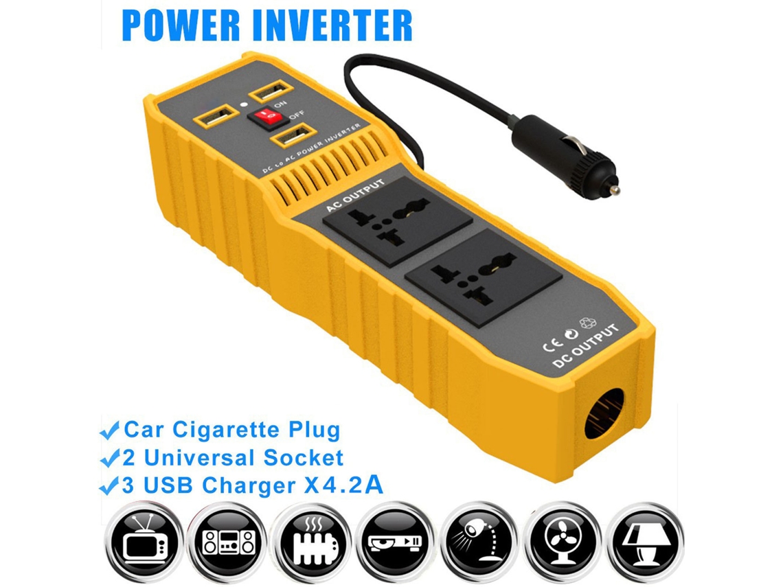 Inversor De Corriente Para Coche De 12 V Cc A 220 V Ca, 200 W, Con 3 Puertos Usb, 2 Tomas De Corriente Universales Y Toma Para Encendedor De Cigarrillos.