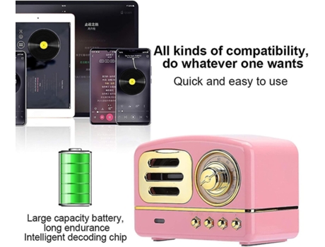 Altavoz estéreo Bluetooth portátil Altavoz retro inalámbrico retro con graves mejorados con ranura para tarjeta Tf rosa BISBISOUS