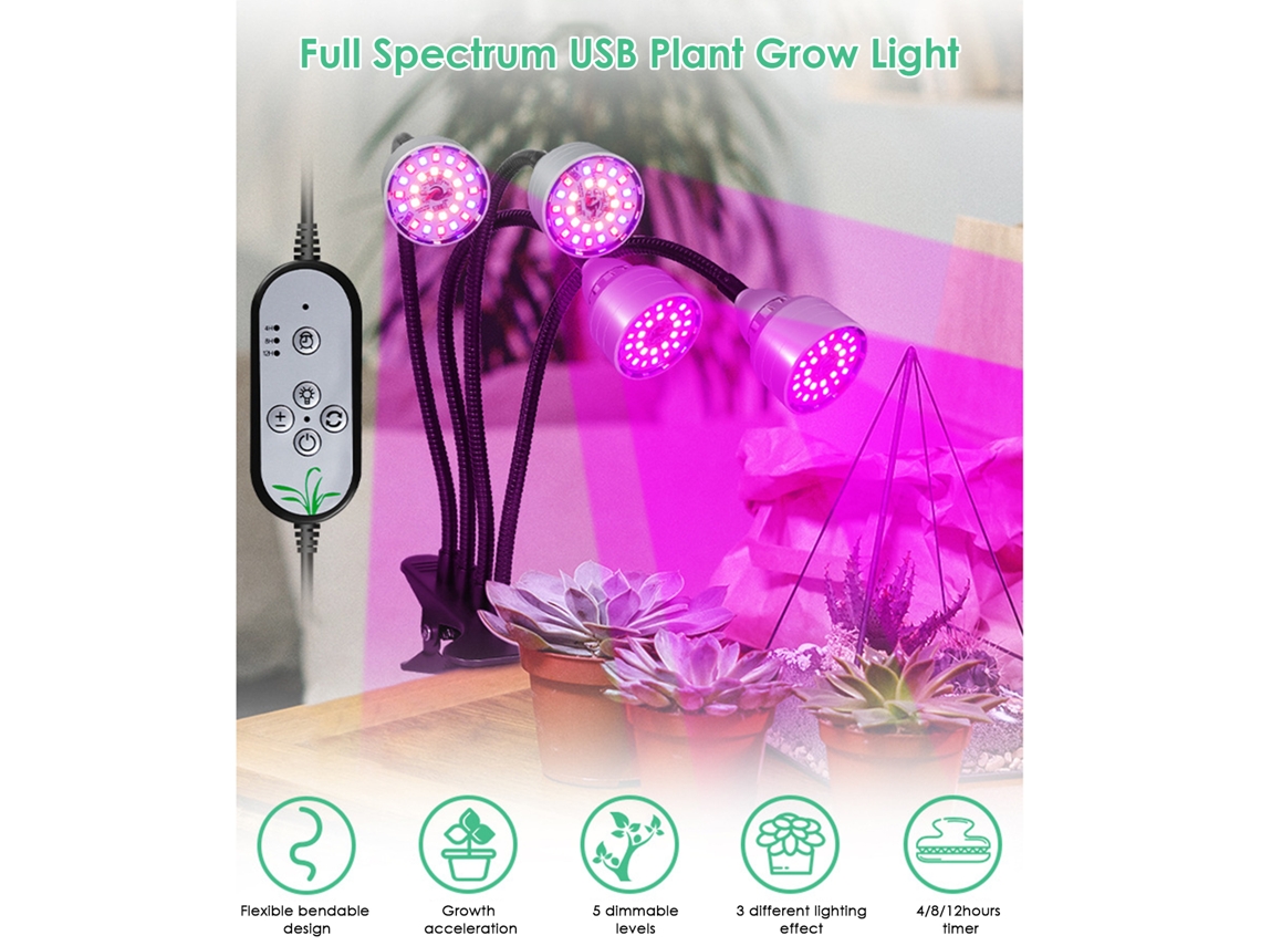 Lámpara Usb Para Cultivo De Plantas Con 4 Cabezales, 104 Led, Espectro Completo, Ajustable Y Con Temporizador.