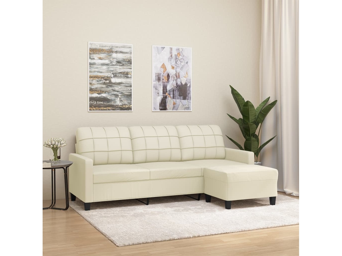 Sofá De 3 Plazas Con Taburete Cuero Sintético Crema 180 Cm