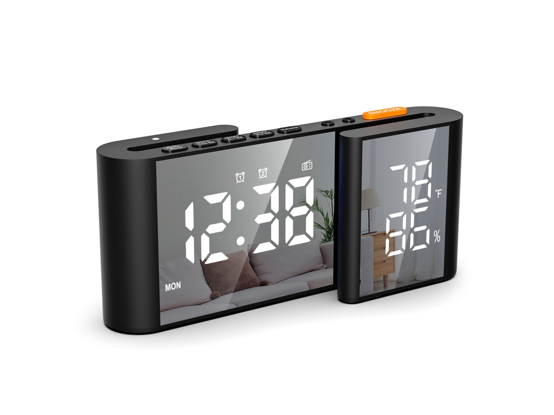 Reloj Despertador Digital Con Doble Espejo En Diseño En Forma De S, Pantalla Led Ajustable De 6", Radio Y Dos Alarmas.