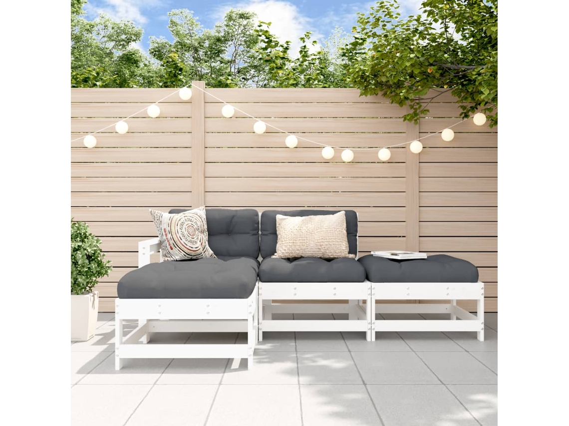 4pcs Conjunto Lounge Jardim C/ Almofadões Madeira Maciça Branco Dkd Decoración Del Hogar