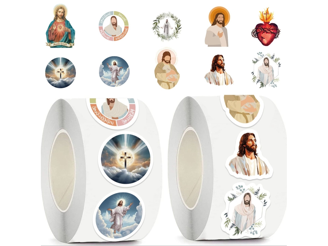 500 pegatinas religiosas de Jesús, con un bonito estilo de dibujos animados, fabricadas en PVC impermeable.