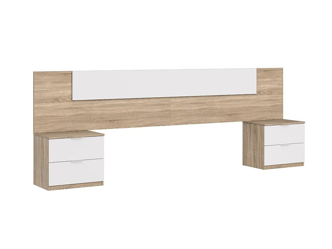 Cabecero De Cama Alaya. Cabezal + 2 Mesitas Blanco Y Roble 247x95 Cm