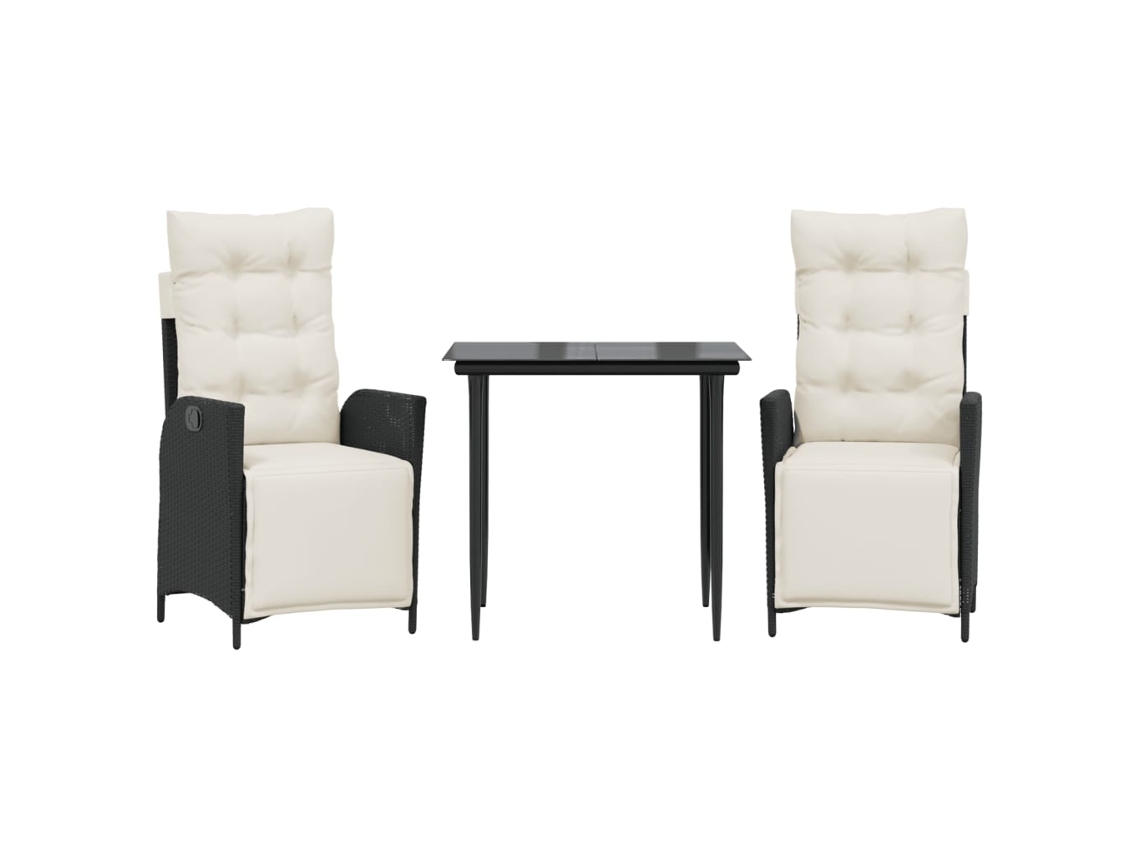 Conjunto de comedor de jardín de 3 piezas con cojines de mimbre, negro, EXCLUSIVO DE LA CASA (3 piezas)