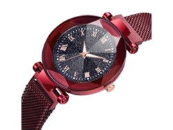 Reloj De Cuarzo Para Mujer Con Correa De Malla Y Botón Magnético, Esfera Redonda Roja.