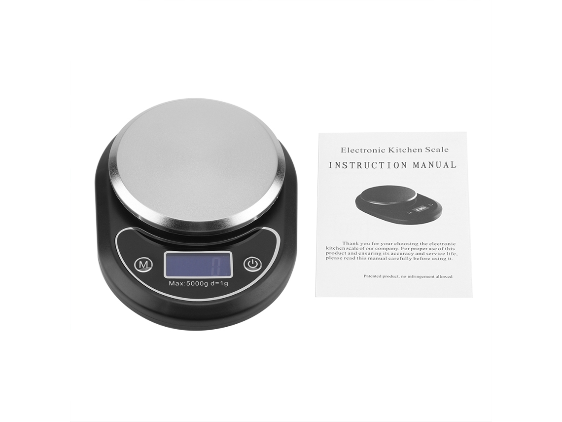 VVJIJILLY Báscula de cocina digital multifuncional de acero inoxidable con pantalla LCD negra (1 g - 5 kg)