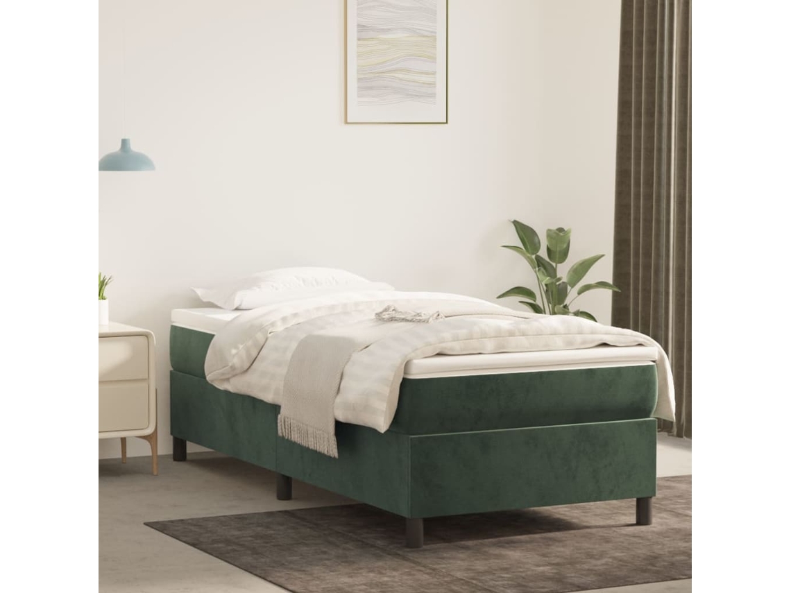 Cama Box Spring Con Colchón Terciopelo Verde Oscuro 100x200 Cm