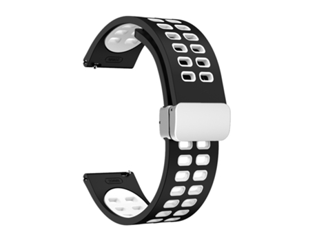 Correa de silicona bicolor para reloj inteligente con hebilla plegable plateada y orificio de doble fila de 22 mm (blanco y negro)