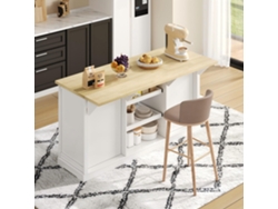 Isla de cocina/aparador con 5 cajones, 2 estantes deslizantes y tomas de corriente integradas para cocina, comedor y sala de estar, color blanco.