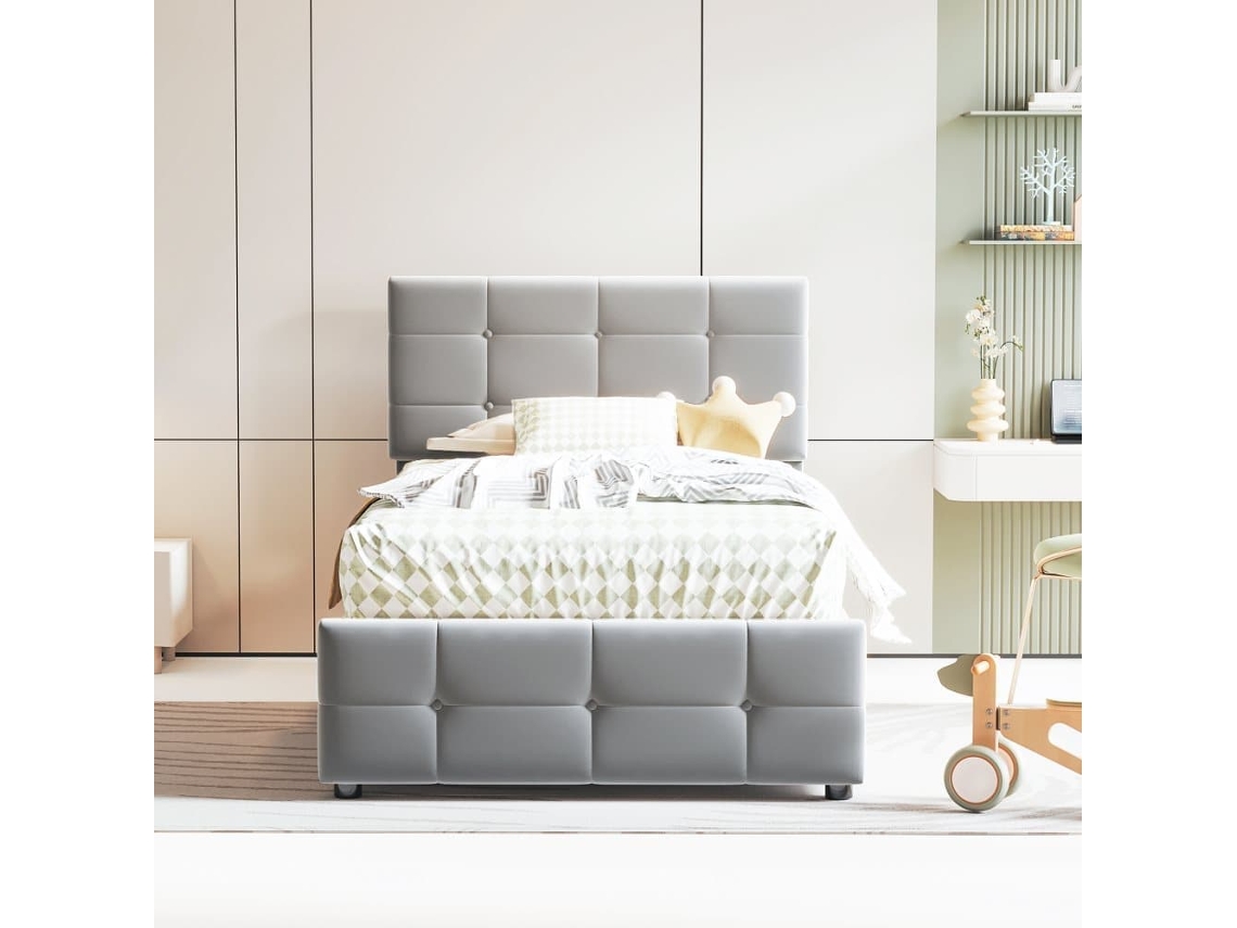 Cama Contenedor Acolchada 90x200cm En Terciopelo - Gris