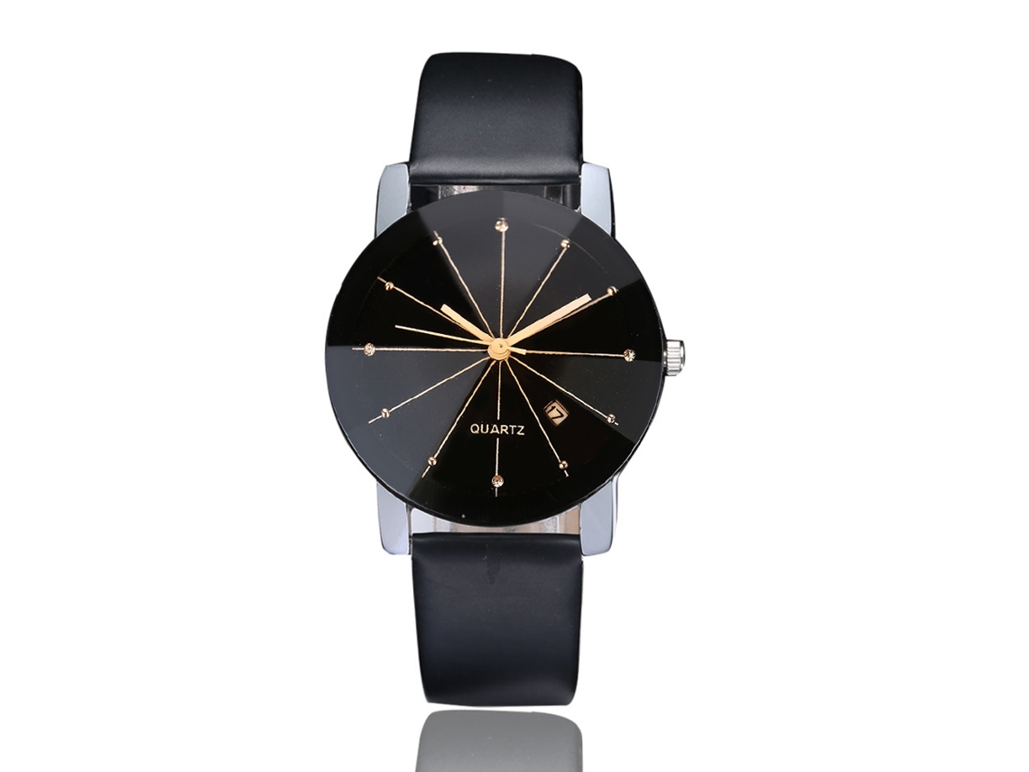 Reloj De Pulsera Unisex De Moda Con Correa De Piel Sintética Y Diamantes De Imitación - Esfera Redonda Grande (negro Pequeño)
