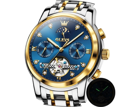 VEANXIN Reloj Automático para Hombre Tourbillon con Diamantes Fase Lunar Reloj para Hombre Luminoso de Acero Inoxidable de Dos Colores Resistente a...
