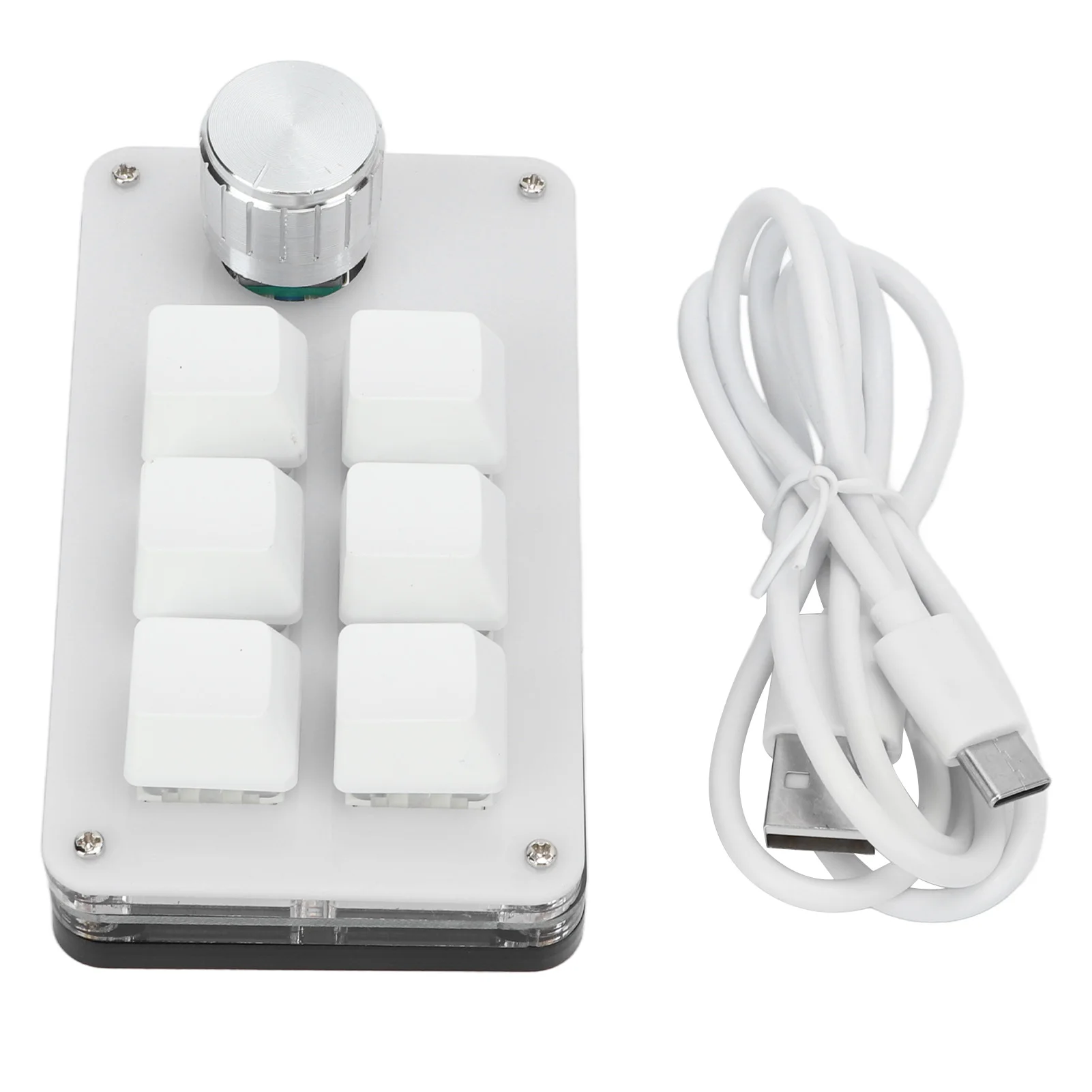 (Blanco) Teclado mecánico de una mano, teclado multifuncional para juegos con 6 teclas, teclas de acceso directo programables y perilla giratoria.