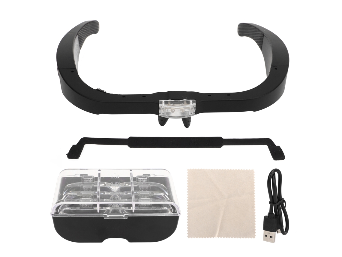 Lupa con diadema ajustable, luz LED blanca y 4 lentes intercambiables para reparación de relojes y manualidades.