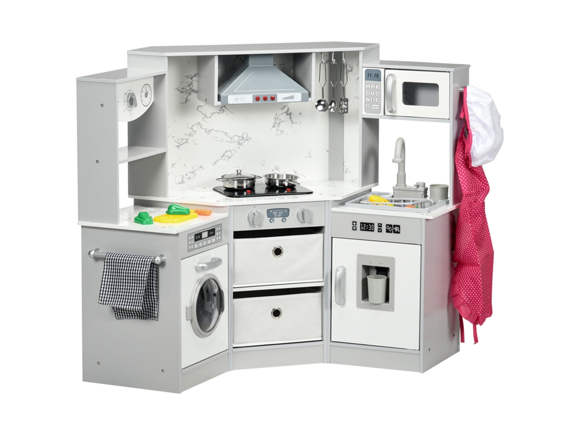 Cocina Madera Juguete Infantil 17 Accesorios Luces Verduras Gris Blanco