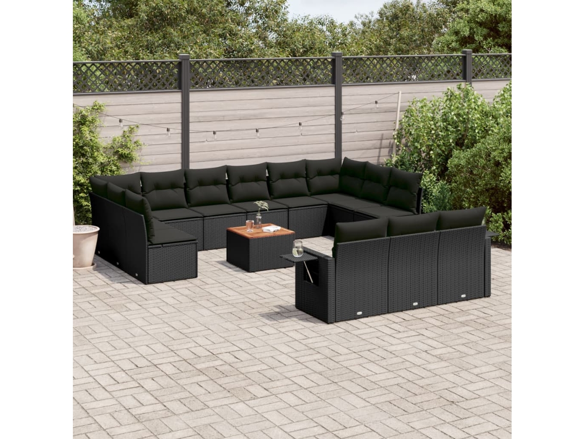 Conjunto de sofá de jardín de 14 piezas con cojines de mimbre negros DKD Home Decor