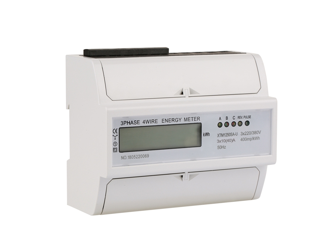 Medidor elétrico trifásico, 4 fios, DIN rail, 7p, 10A, kWh