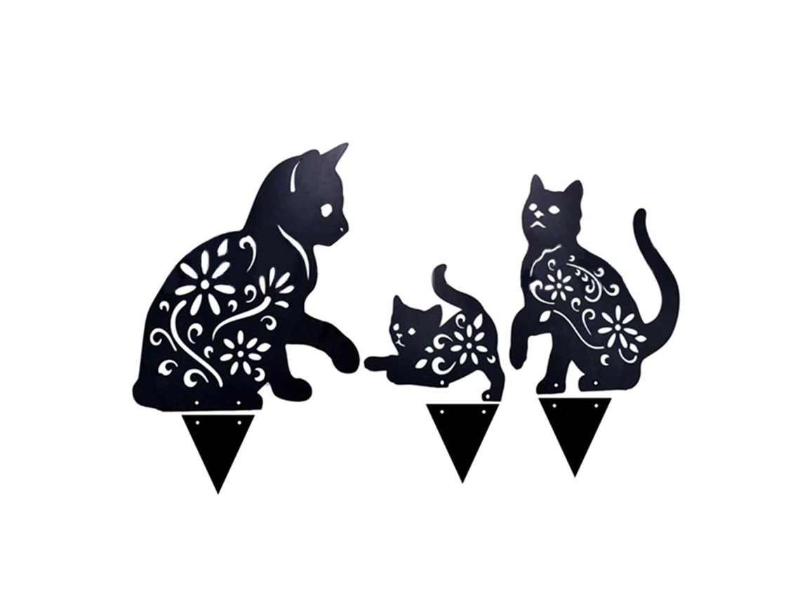 3 estacas metálicas decorativas de jardín con forma de gato.